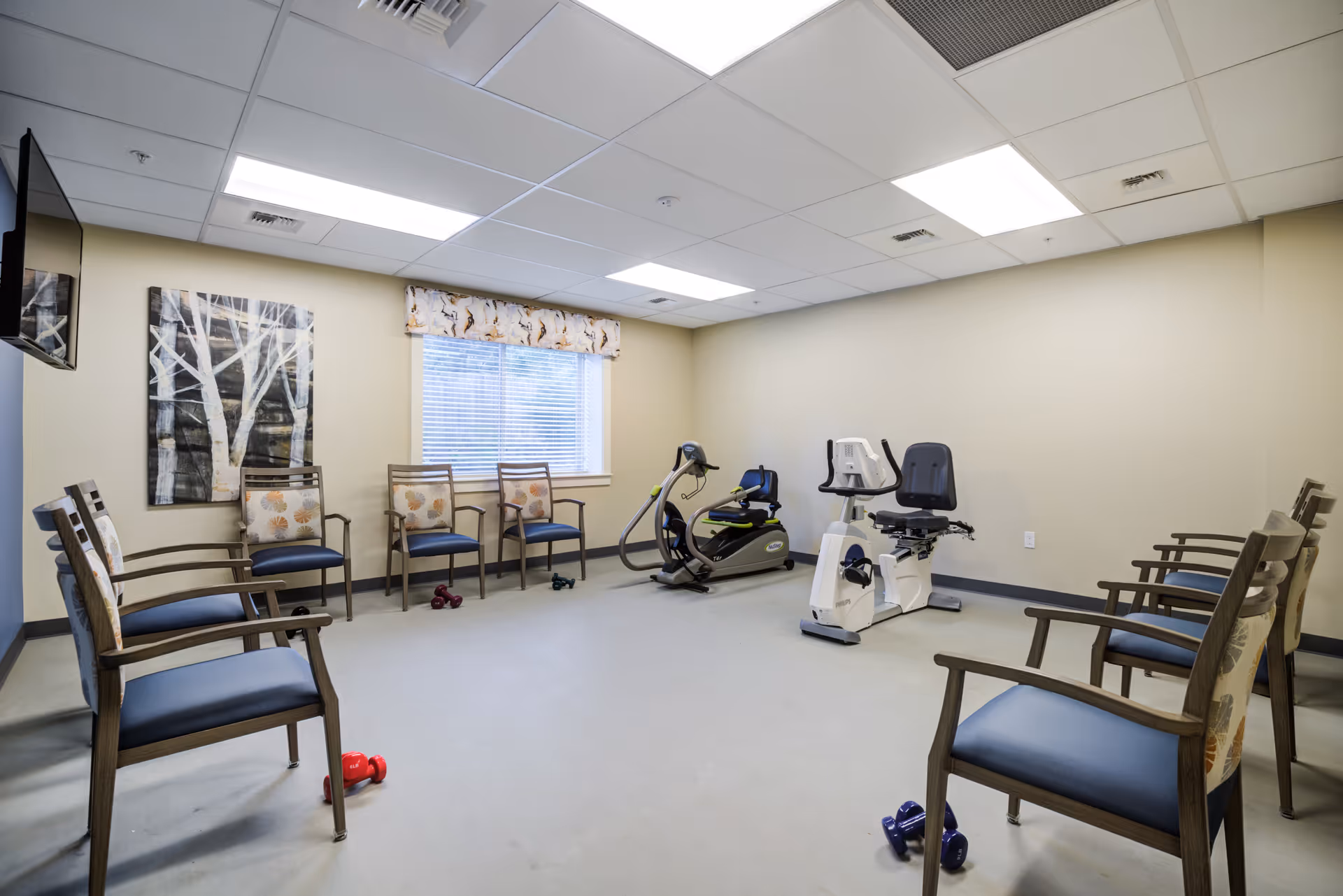 A senior living community exercise room with chairs arranged in a circle along the walls, two stationary exercise bikes, several sets of small dumbbells on the floor, a window with blinds and a valance, a wall-mounted TV, and a large painting of birch trees on the wall.