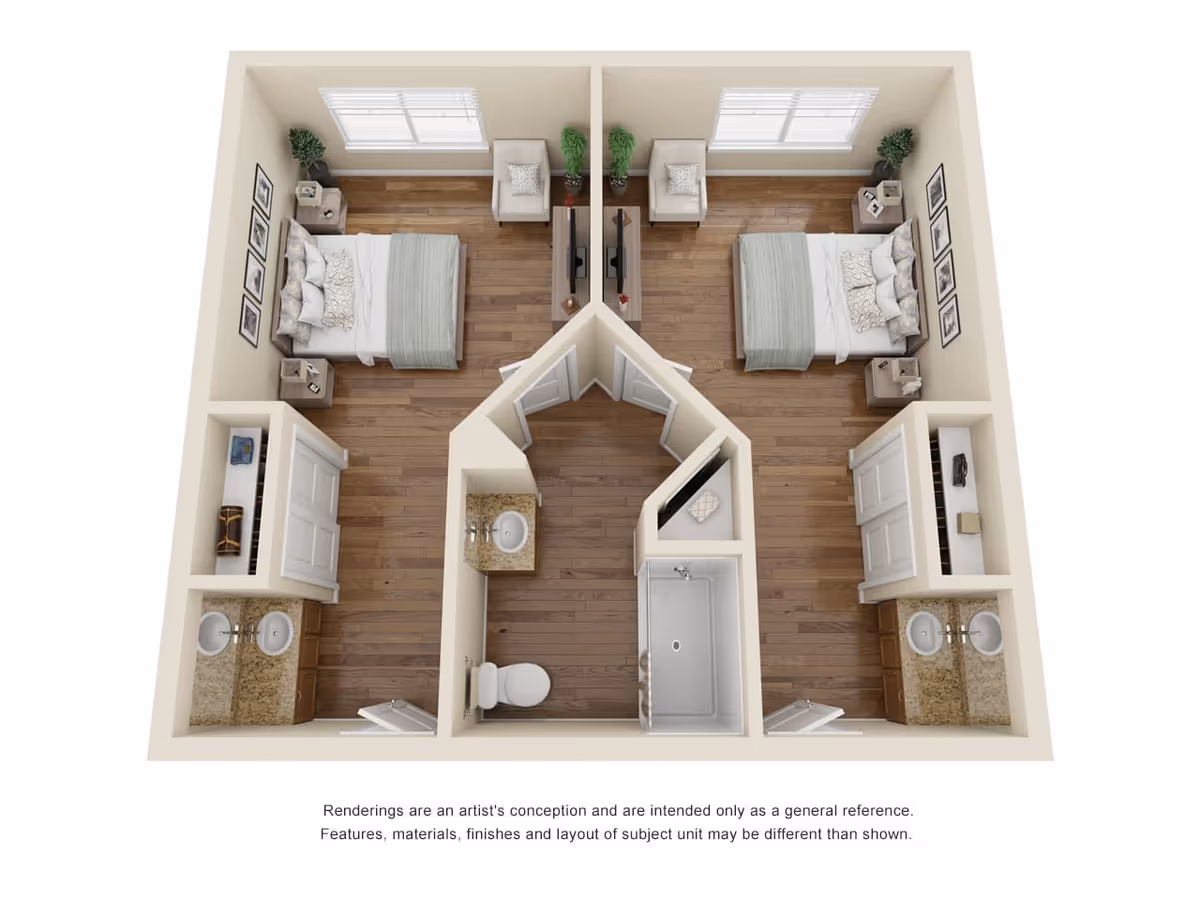 3D floor plan of a two-bedroom unit with a shared central bathroom. Each bedroom has a bed, two nightstands, a chair, a TV on a stand, and a closet. The bathroom includes a toilet, a sink, and a shower. The flooring is wood, and there are windows in each bedroom.