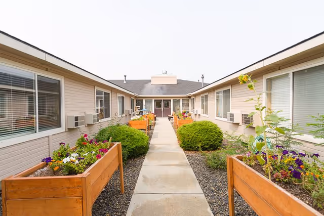 Outdoor courtyard area at Ashley Manor Senior Living with a concrete walkway flanked by raised wooden garden beds filled with colorful flowers and green shrubs, leading to a building entrance under a clear sky.