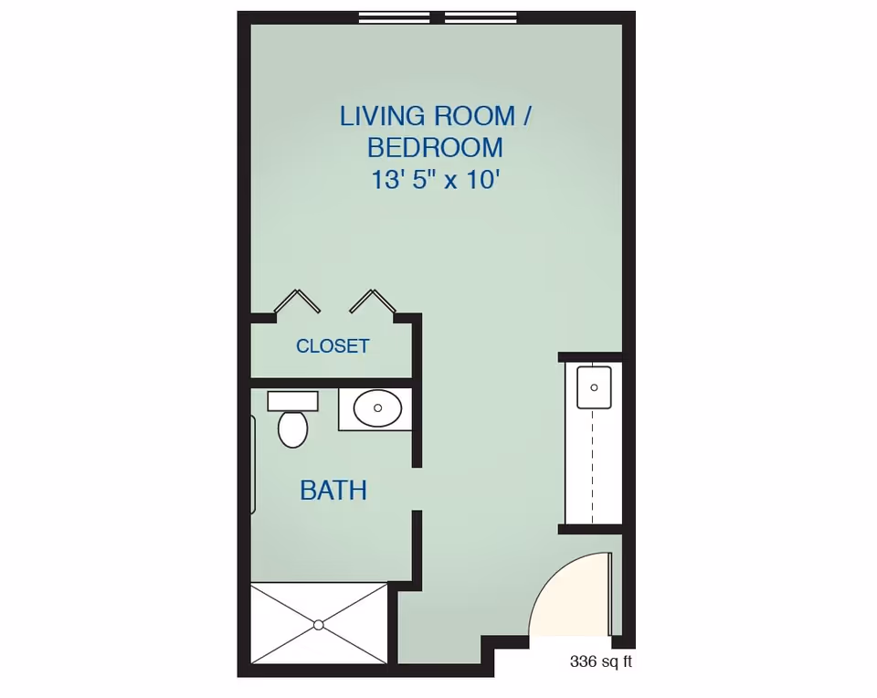 Floor plan of a living room/bedroom area measuring 13 feet 5 inches by 10 feet, with an adjacent closet and bathroom including a toilet, sink, and shower. The total area is 336 square feet.