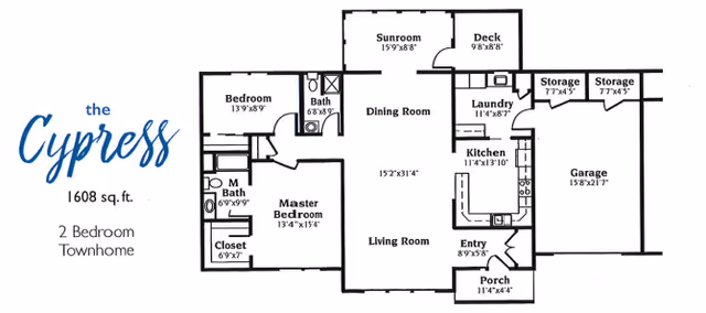 Floor plan of a two-bedroom townhome named The Cypress at Pennsylvania Place, showing layout and dimensions of rooms including bedrooms, bathrooms, dining room, living room, kitchen, laundry, porch, deck, garage, and storage areas.