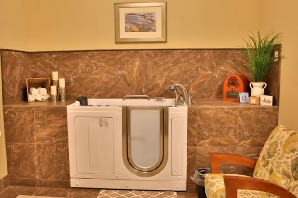 A walk-in bathtub with a frosted glass door is installed against a brown tiled wall. To the left of the tub, there is a basket with rolled white towels and three candles. On the right side, there is a green plant in a white vase, a small vintage-style radio, and some small decorative items. A cushioned chair with a floral pattern is partially visible on the right side of the image. Above the tub, a framed picture hangs on the wall.