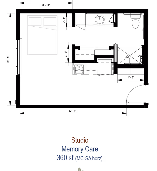 Floor plan layout of a studio memory care unit measuring 360 square feet, showing a bed and a bathroom area.