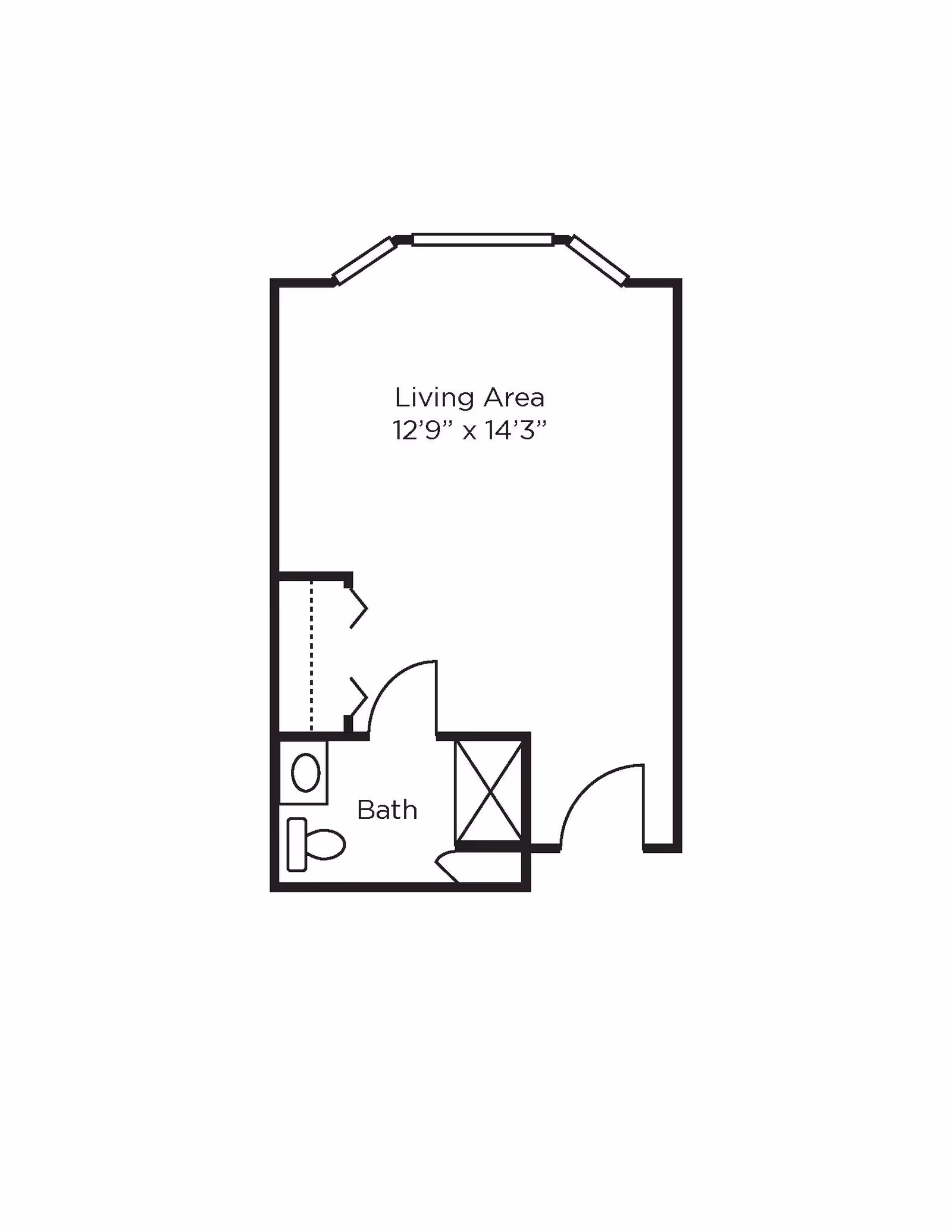 Floor plan layout showing a living area measuring 12 feet 9 inches by 14 feet 3 inches, with an adjacent bathroom that includes a toilet and sink.