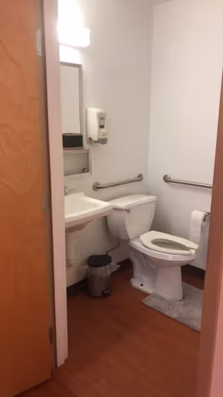 Small bathroom with a white toilet, a white sink, a wall-mounted soap dispenser, a mirror, grab bars on the walls, a small trash can, and a gray bath mat on the wooden floor.