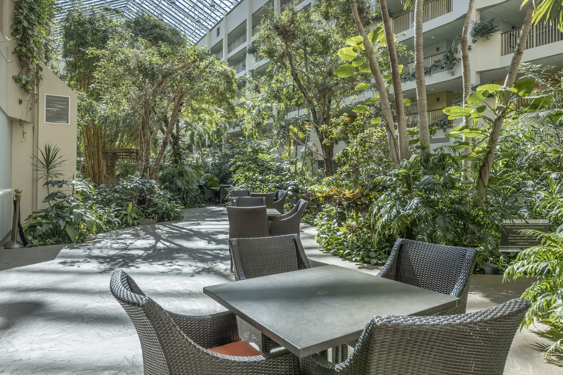 Indoor garden area with lush green plants and trees under a glass ceiling, surrounded by a multi-story building with balconies. Several dark wicker chairs and tables are arranged along a wide pathway.