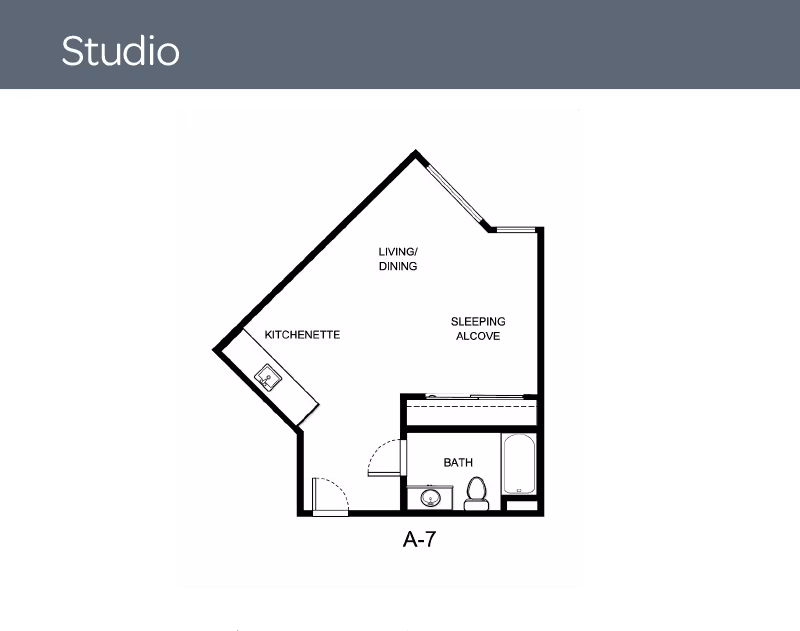 Black-and-white studio floor plan labeled A-7 showing a kitchenette, living/dining area, sleeping alcove, and a bathroom.