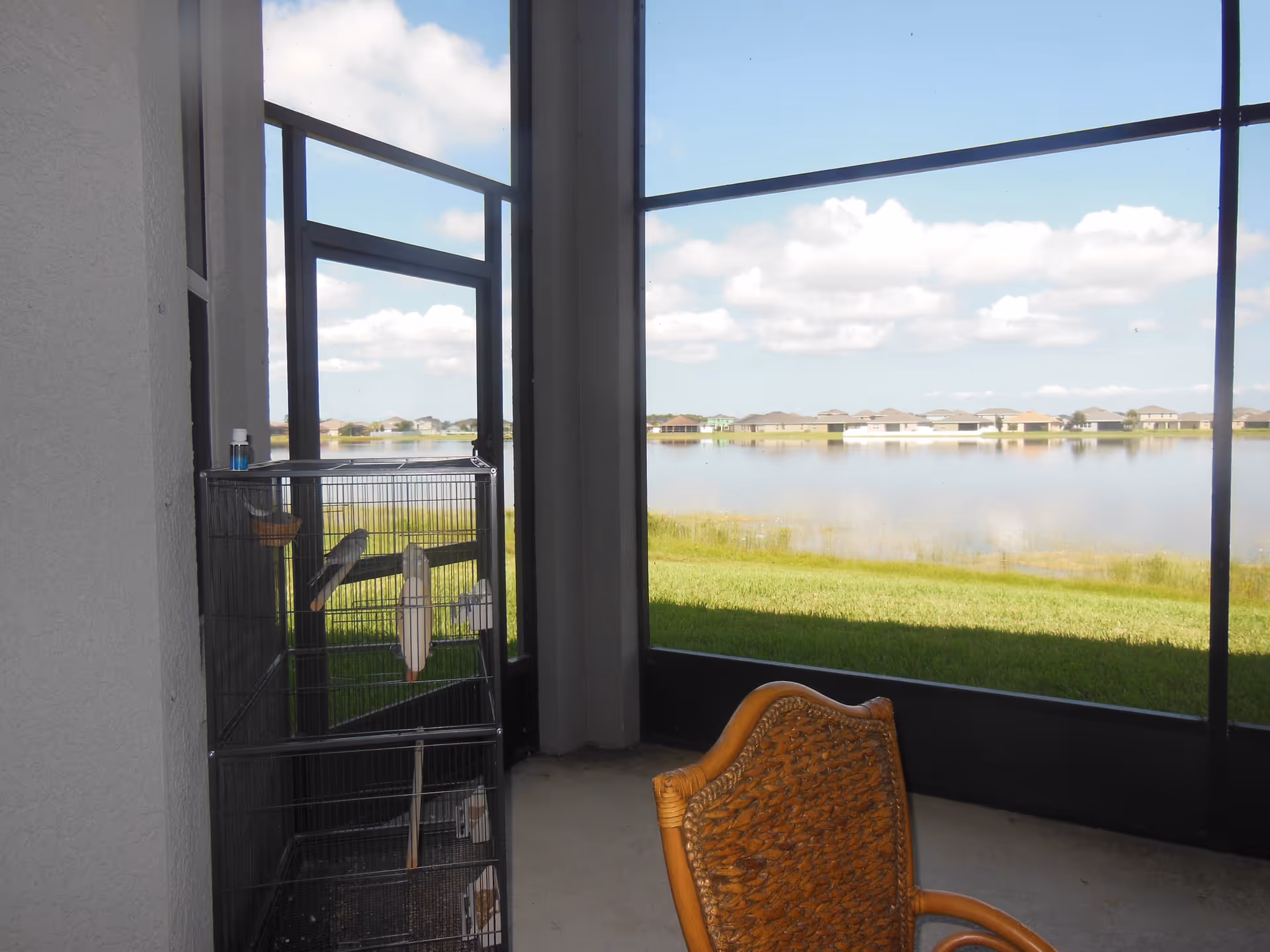 A screened-in porch area with a birdcage containing white birds, a wicker chair, and a view of a grassy area leading to a calm lake with houses on the opposite shore under a partly cloudy sky.