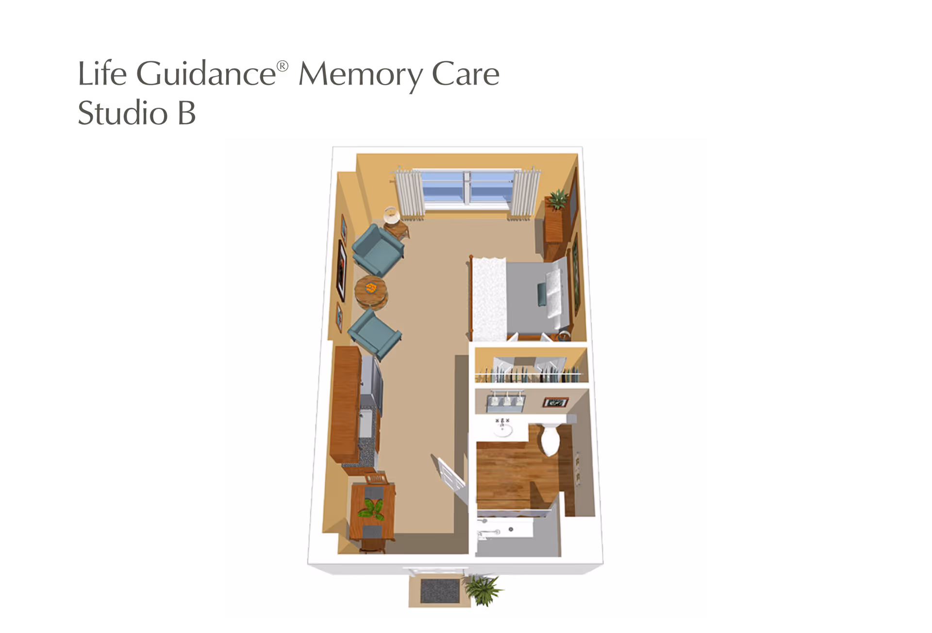 3D floor plan of a studio apartment labeled Life Guidance® Memory Care Studio B showing a bed, seating area, kitchenette and bathroom.
