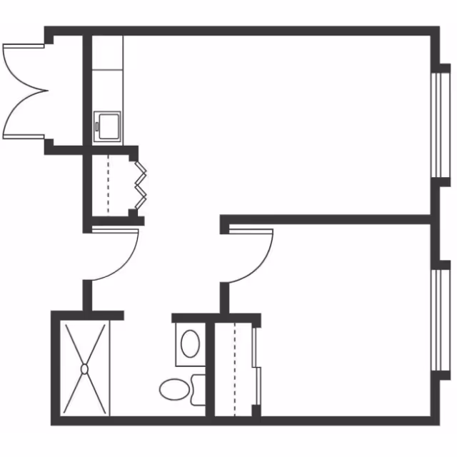 Black and white architectural floor plan of a small apartment or unit showing a kitchen area, bathroom with shower and toilet, and two additional rooms with doors and windows.