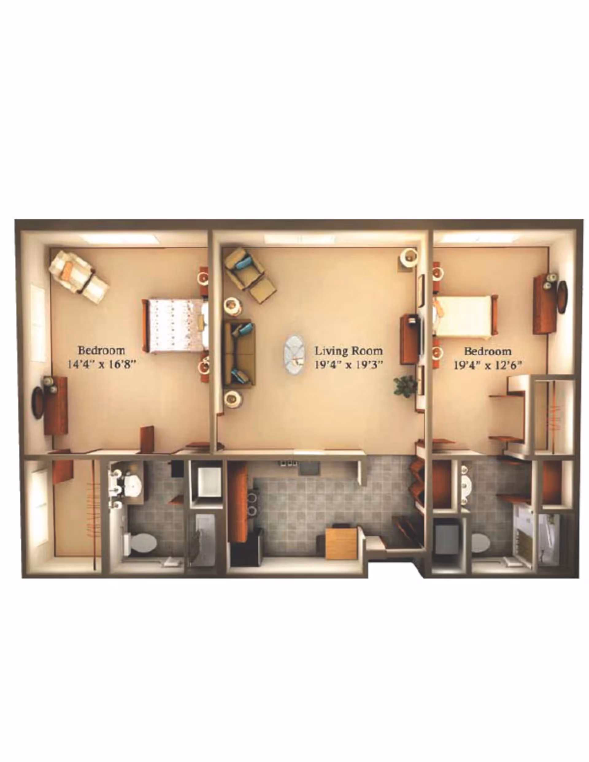 Floor plan of a senior living apartment at Rio Terra Senior Living showing two bedrooms, a living room, a kitchen, and two bathrooms. The left bedroom measures 14'4" x 16'8" and the right bedroom measures 19'4" x 12'6". The living room is centrally located and measures 19'4" x 19'3". The kitchen and bathrooms are positioned along the bottom of the layout.