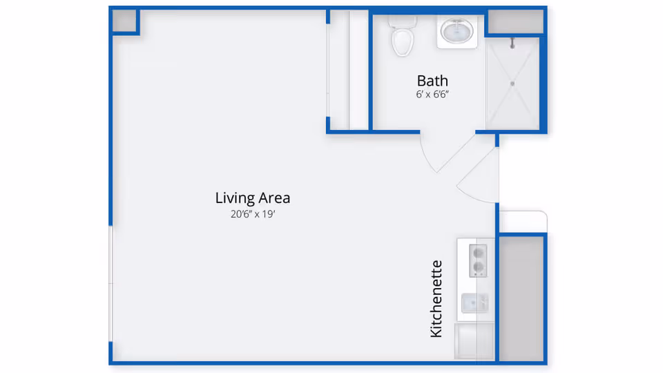 Floor plan of a living space at Carriage Green at Milford showing a large living area measuring 20 feet 6 inches by 19 feet, a kitchenette, and a bathroom measuring 6 feet by 6 feet 6 inches with a toilet, sink, and shower.