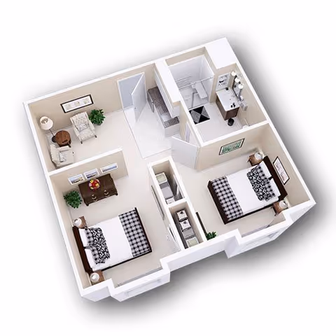 3D floor plan of a senior living unit featuring two bedrooms each with a bed, nightstands, and decor. The unit includes a shared bathroom with a shower, sink, and toilet, and a small living area with two chairs, a side table, and a plant.