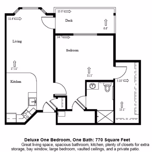 Architectural floor plan of a deluxe one-bedroom, one-bath apartment with 770 square feet. The layout includes a living room, kitchen, bedroom, bathroom, closets, and a deck. Dimensions are marked for each room and area.