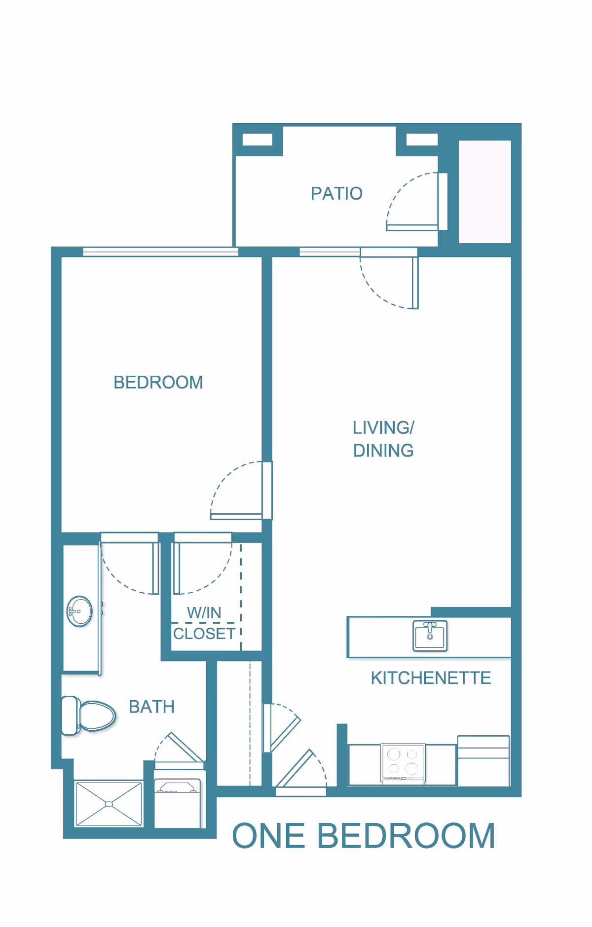 Floor plan of a one-bedroom senior living unit showing a bedroom, bathroom, walk-in closet, kitchenette, living/dining area, and a patio.