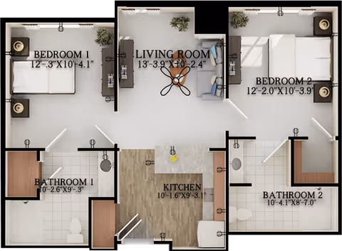 Floor plan of a residential unit at Harmony at Brookberry Farm showing two bedrooms, two bathrooms, a living room, and a kitchen. Bedroom 1 measures 12'-3" x 10'-4.1", Bedroom 2 measures 12'-2" x 10'-3.9", Living Room measures 13'-3.9" x 10'-2.4", Kitchen measures 10'-1.6" x 9'-3.1", Bathroom 1 measures 10'-2.6" x 9'-3", and Bathroom 2 measures 10'-4.1" x 8'-7". The layout includes furniture and fixtures for each room.