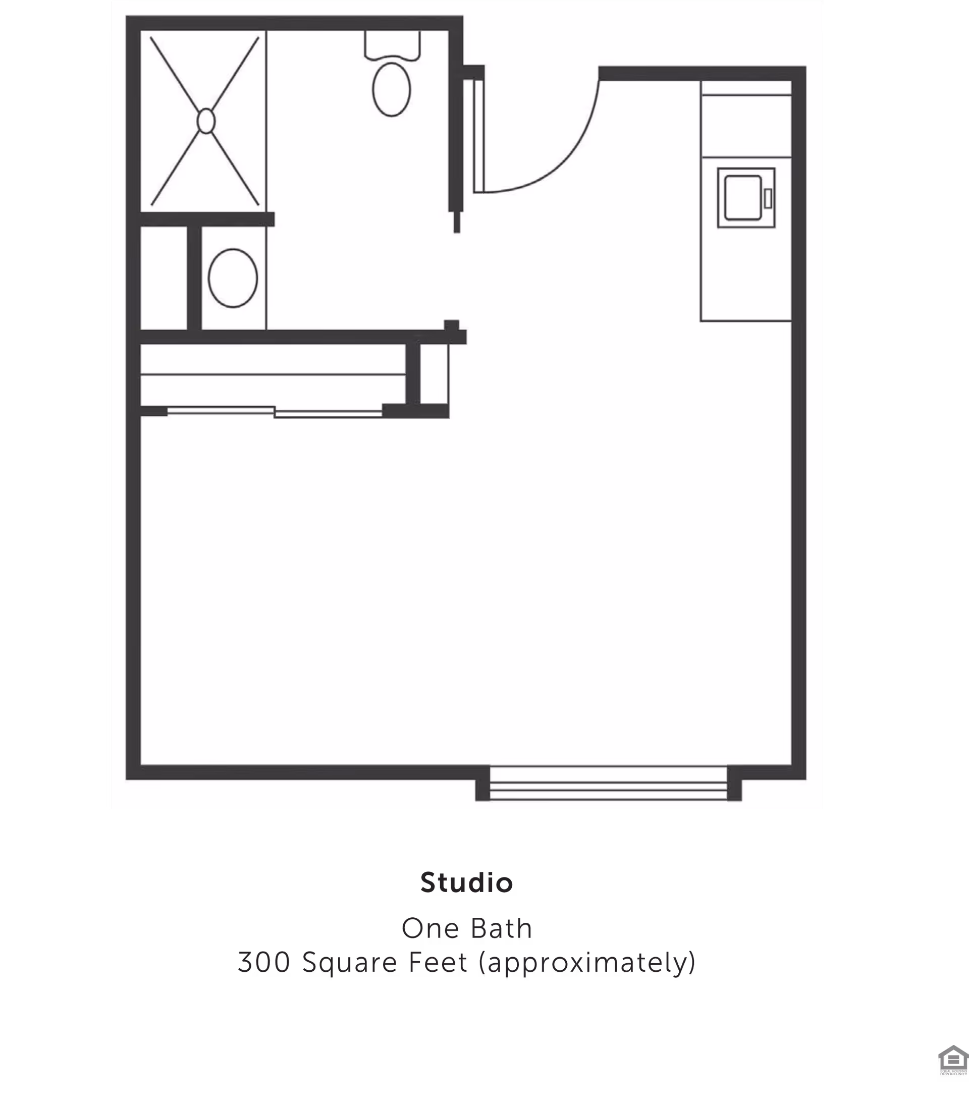 Floor plan of a studio apartment at Bennett Place showing one bathroom, a kitchen area, and an open living/sleeping space, approximately 300 square feet.