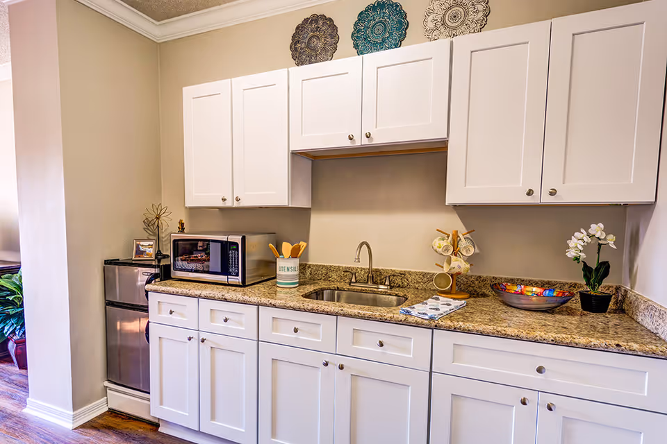 A clean and bright kitchen area with white cabinets, a granite countertop, a stainless steel sink, a microwave, a small refrigerator, and decorative items including a bowl, a plant, and wall art above the cabinets.