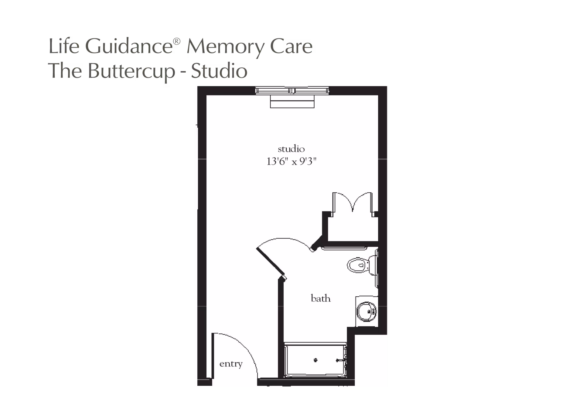 Floor plan layout of The Buttercup studio apartment in Life Guidance Memory Care, showing an entry area, a studio room measuring 13 feet 6 inches by 9 feet 3 inches, and a bathroom with a toilet, sink, and bathtub.