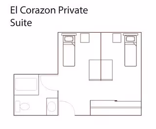 Floor plan layout of El Corazon Private Suite showing two single beds, two chairs, a bathroom with a toilet and sink, and a closet area.