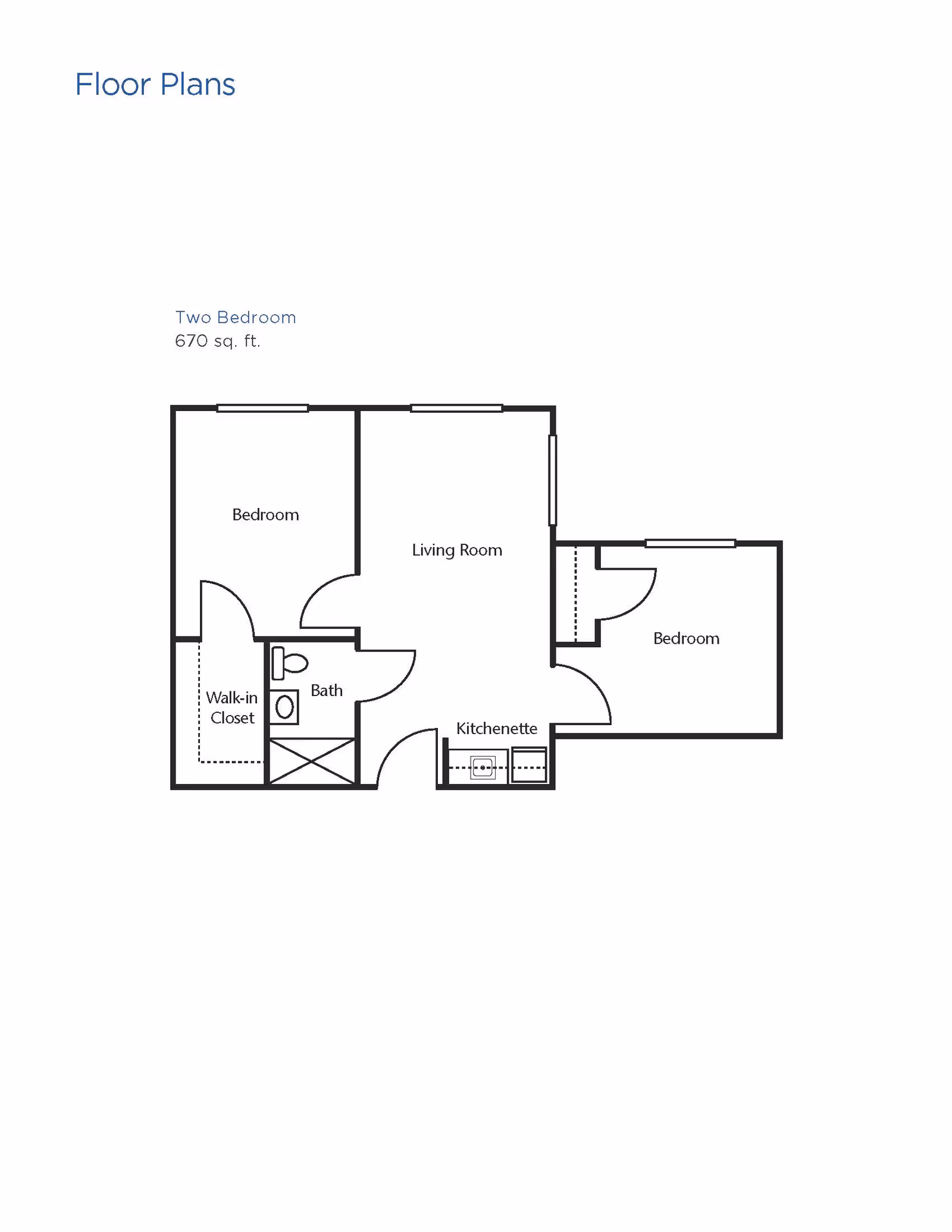 Floor plan of a two-bedroom apartment with 670 square feet, showing a living room, kitchenette, bathroom with walk-in closet, and two bedrooms.