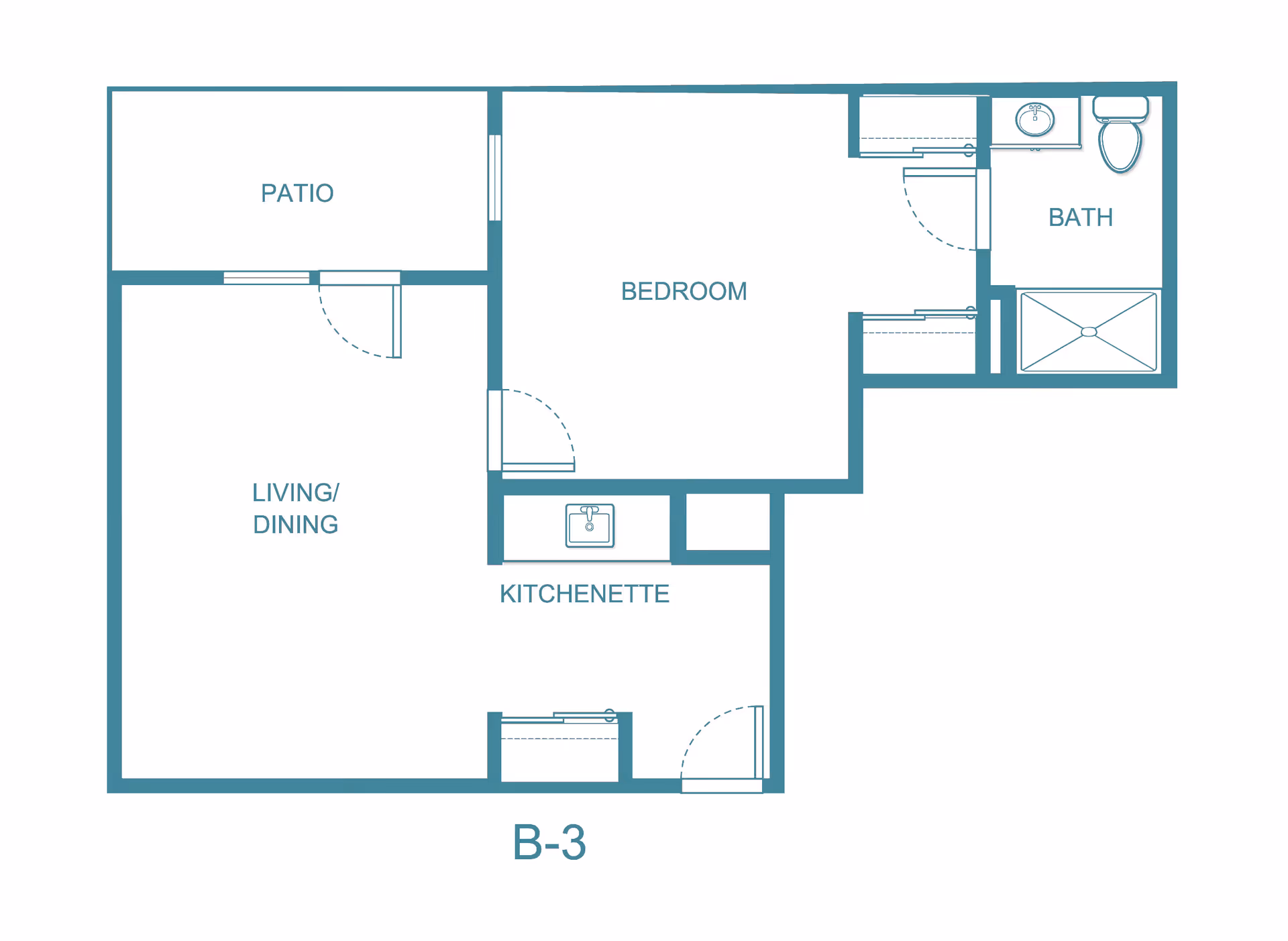 Floor plan layout of a senior living apartment labeled B-3, showing a patio, living/dining area, kitchenette, bedroom, and bathroom with a shower, sink, and toilet.