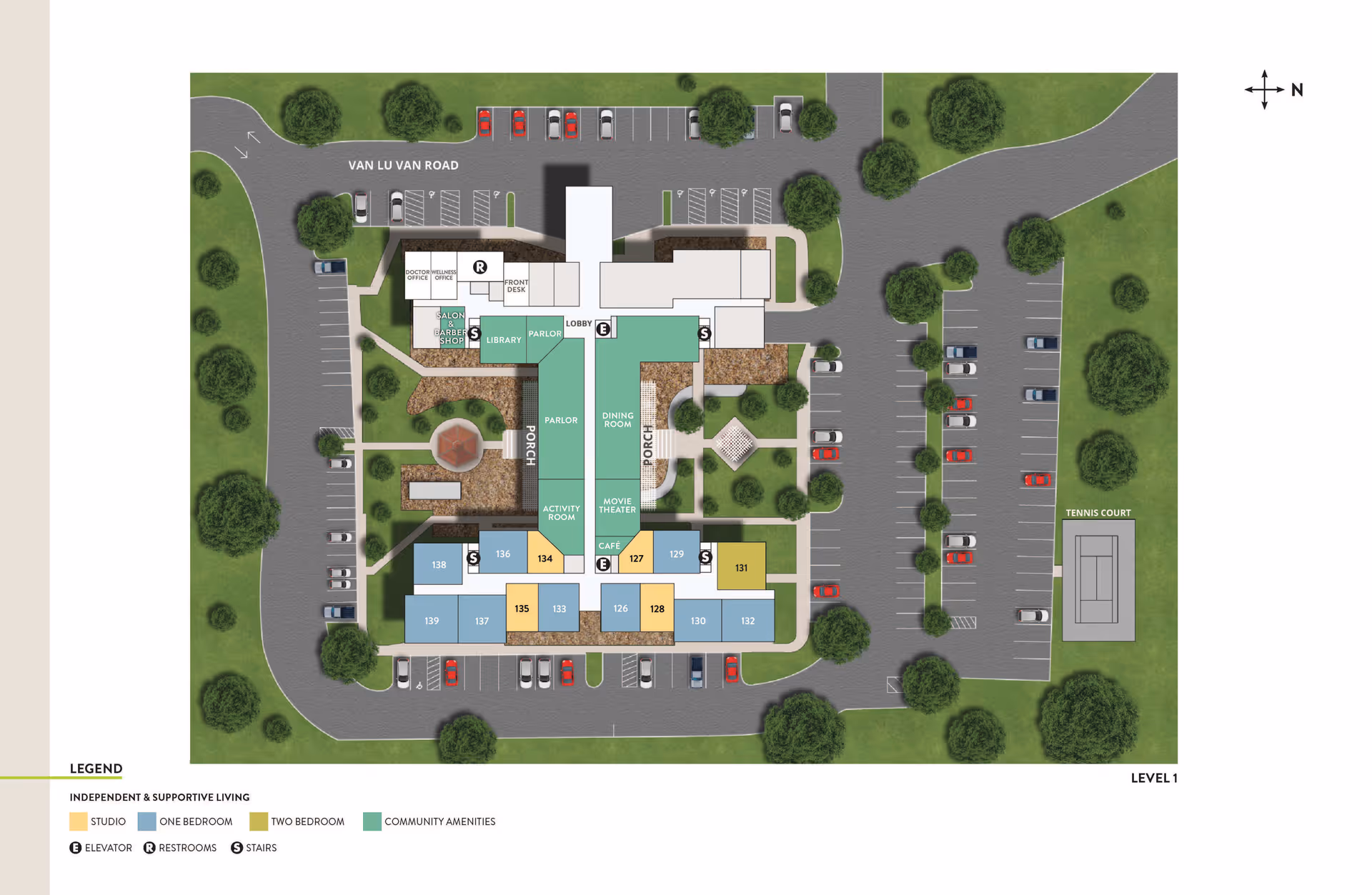 Architectural floor plan of Atria Briarcliff Manor showing the layout of rooms and community amenities on level 1. The plan includes labeled areas such as salon and barber shop, library, parlor, dining room, activity room, movie theater, cafe, doctor/wellness office, and porch areas. The map also shows parking lots, a tennis court, and surrounding greenery with roads and pathways. A legend indicates studio, one-bedroom, and two-bedroom units, as well as elevators, restrooms, and stairs.
