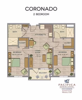 Floor plan labeled CORONADO showing a 2-bedroom apartment layout with two bedrooms, two bathrooms, a kitchenette, living room, closets, and a balcony. The plan includes furniture placement and dimensions for rooms. The bottom right corner has the Pacifica Senior Living Oceanside logo with text indicating Assisted Living and Memory Care.