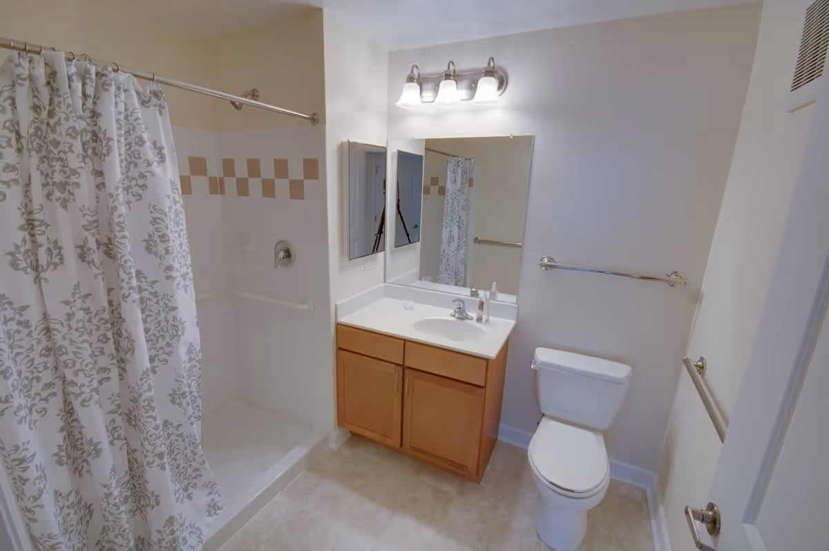 A clean bathroom featuring a shower with a patterned curtain, a vanity with a sink and mirror above it, a toilet, and grab bars on the walls for accessibility.