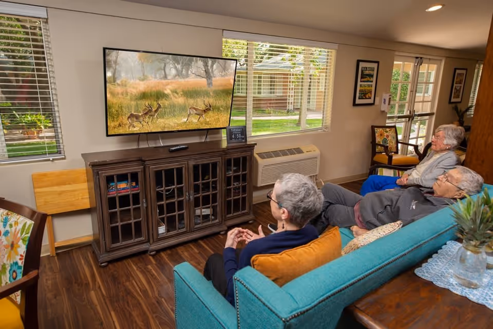 Three elderly people sitting in a living room watching a nature program on a wall-mounted TV. The room has large windows with blinds, a wooden cabinet under the TV, and a teal couch with orange cushions. There is a wooden table with a plant in a glass vase and a doily. The room has wooden flooring and framed pictures on the walls.