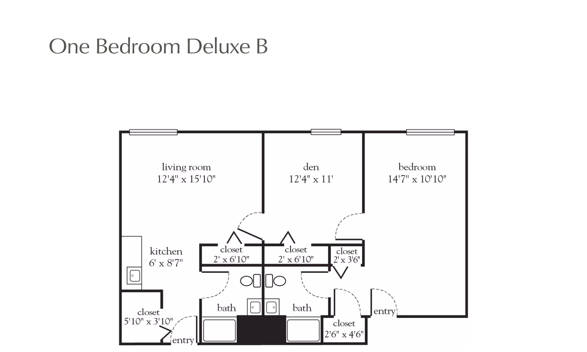 Floor plan labeled One Bedroom Deluxe B showing a living room, den, bedroom, kitchen, two bathrooms, and multiple closets with dimensions.
