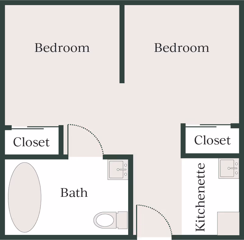 Floor plan diagram showing two bedrooms with closets, a bathroom, and a kitchenette.