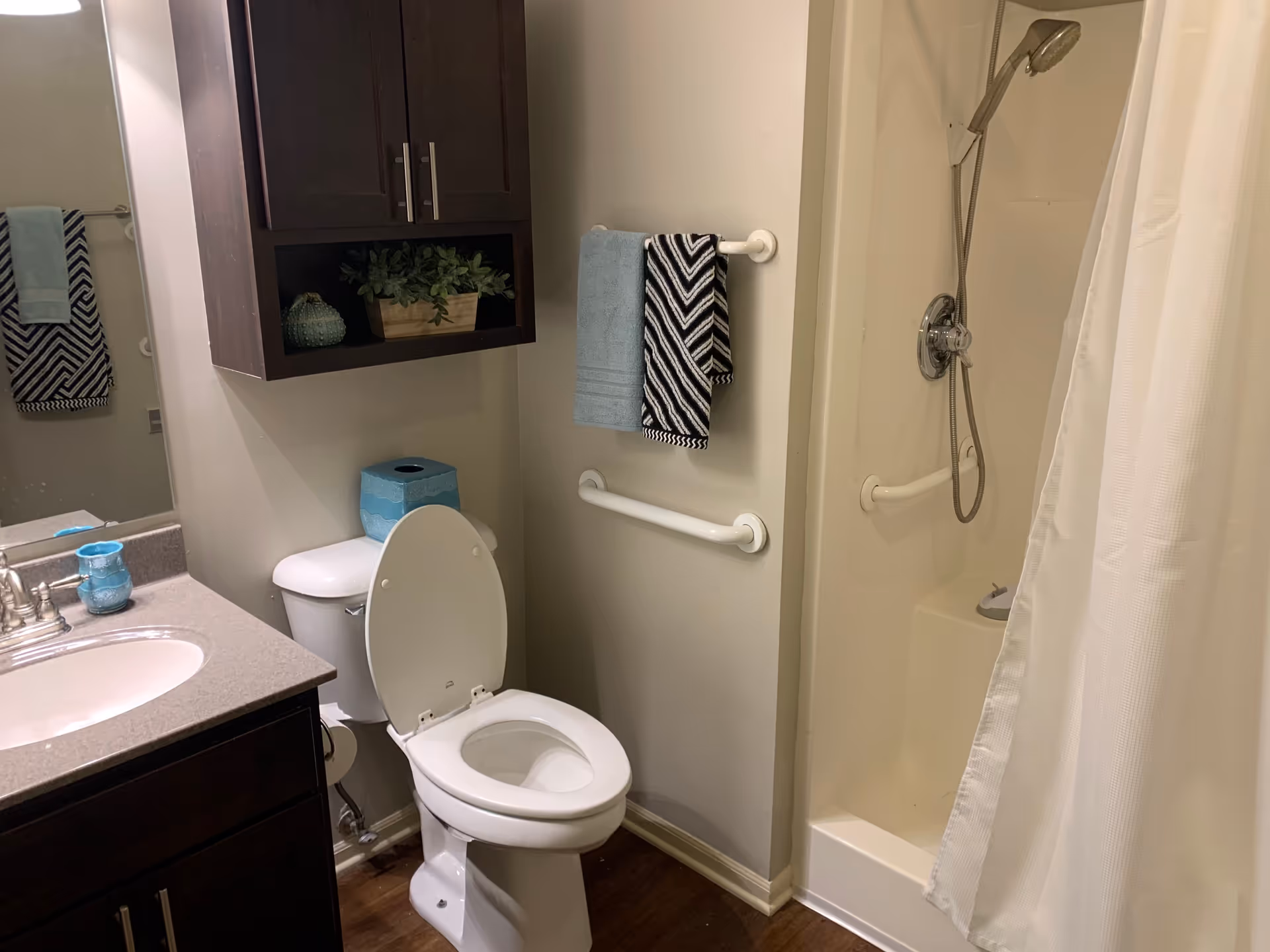 A bathroom with a white toilet with the lid open, a dark wood cabinet mounted on the wall above the toilet, a sink with a countertop to the left, and a shower with a handheld showerhead and white curtain to the right. Two towels hang on a towel rack on the wall, and there are grab bars installed near the toilet and in the shower area.
