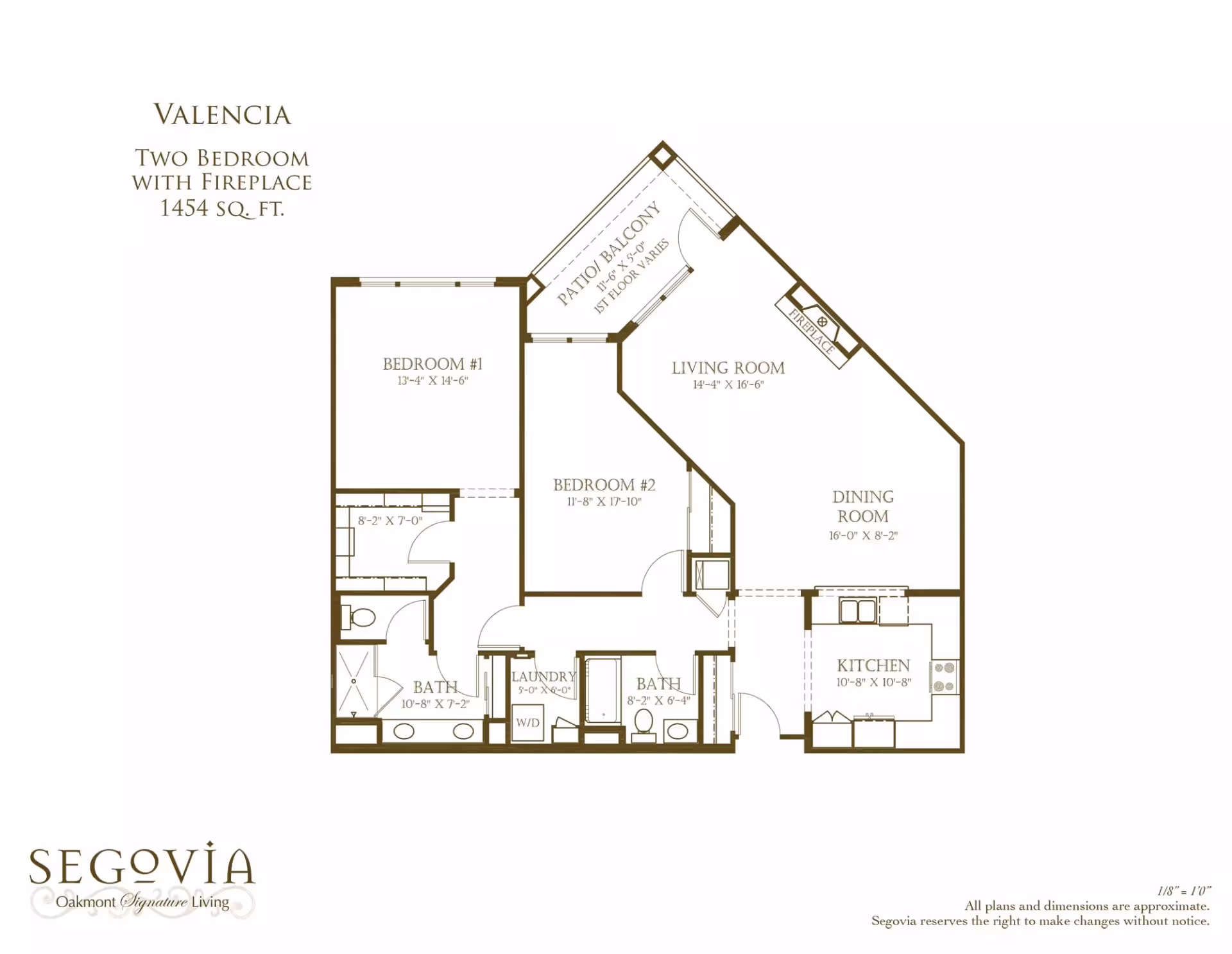 Architectural floor plan of the Valencia two-bedroom apartment showing living room, dining room, kitchen, two bedrooms, bathrooms, laundry, and a patio/balcony.