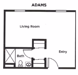 Floor plan labeled 'ADAMS' showing a layout with a living room, an entry area, and a bathroom that includes a toilet and sink.