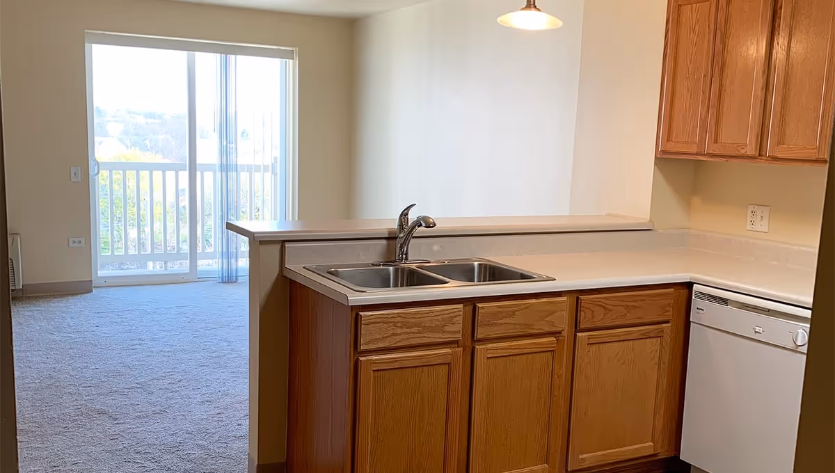 Interior view of a kitchen area with wooden cabinets, a double stainless steel sink, and a dishwasher. The kitchen opens into a carpeted living space with a sliding glass door leading to a balcony with a white railing.