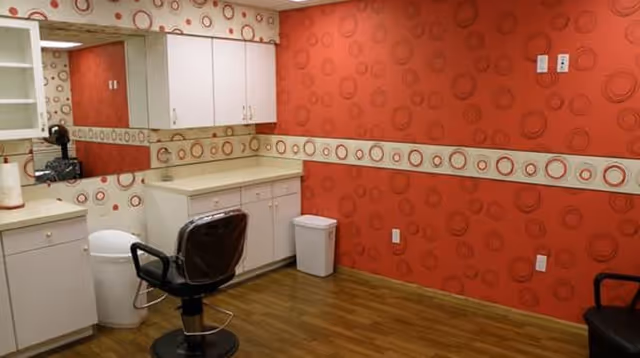 Interior room with red walls decorated with circular patterns and a beige border with red circles. The room has wooden flooring, white cabinets with a countertop, a mirror, a black swivel chair, a white trash bin, and some electrical outlets on the wall.