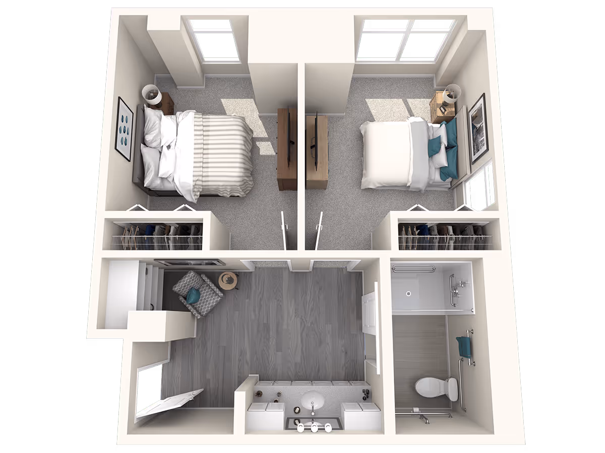 3D floor plan of a two-bedroom apartment featuring two separate bedrooms each with a bed, nightstand, and closet. The central area includes a living space with a chair and side table, a kitchen with a sink and countertop, and a bathroom with a shower, toilet, and grab bars.