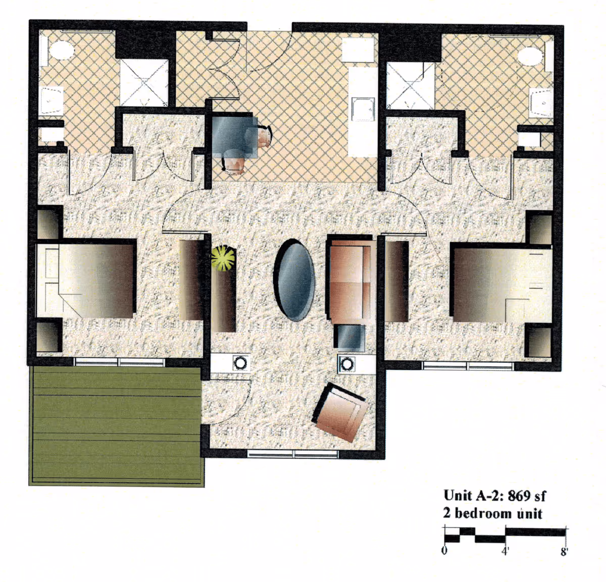 Floor plan of Unit A-2 at Keystone Place at LaValle Fields, showing a 2-bedroom unit with 869 square feet. The layout includes two bedrooms, two bathrooms, a kitchen with a dining area, a living room with furniture, and a balcony or patio area.