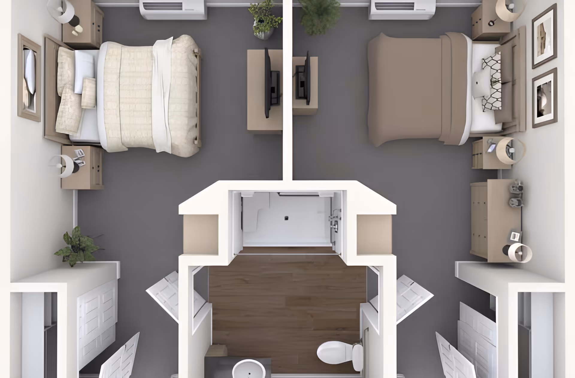 Top-down rendered floor plan of a two-bedroom suite showing two beds, nightstands, a central bathroom and entry area.