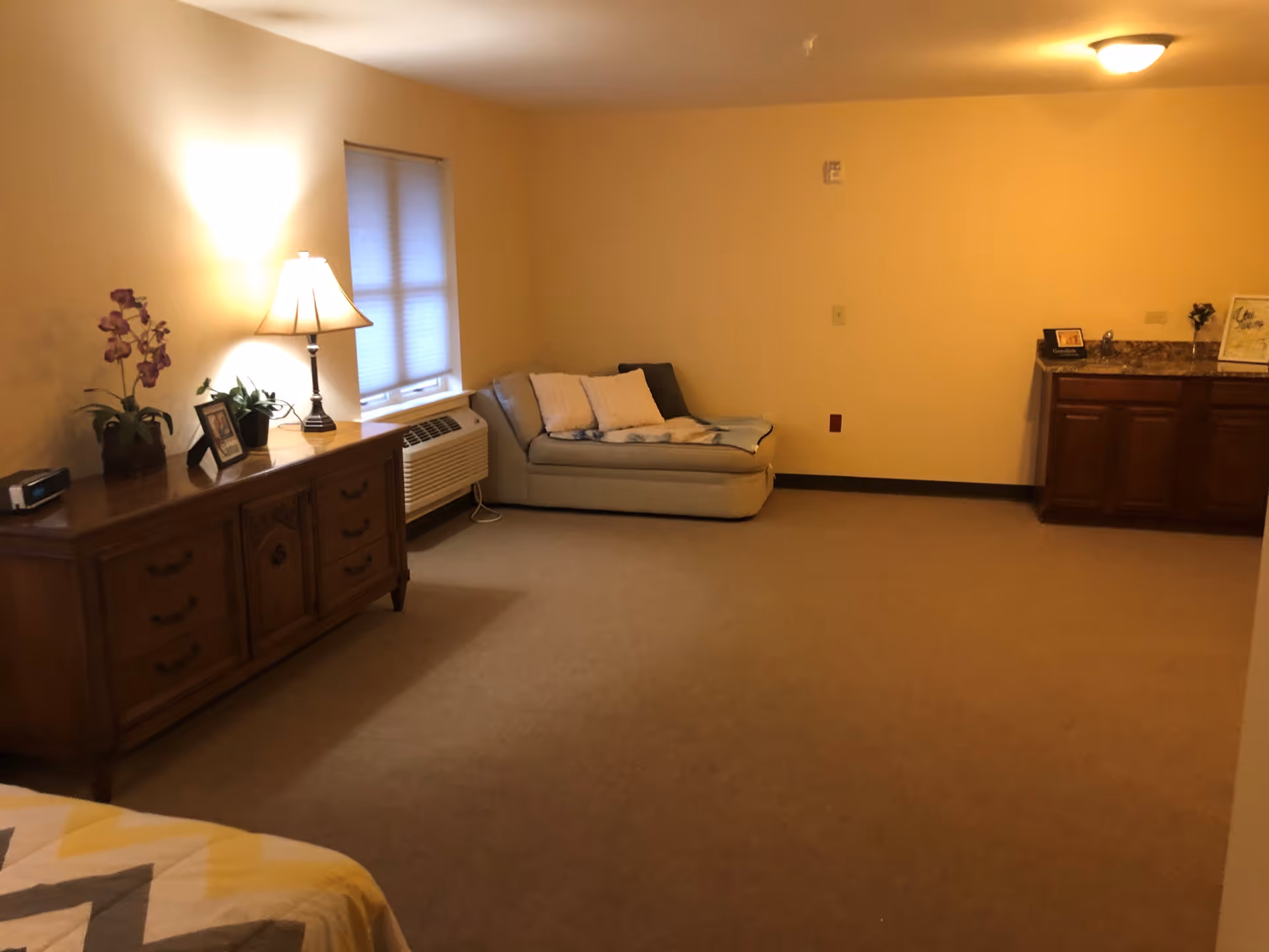 A cozy room with beige walls and carpet featuring a wooden dresser with a lamp, plants, and framed photos on top. There is a window with blinds, a beige cushioned chaise lounge with pillows, and a small countertop with cabinets on the right side.