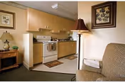 Small studio-style living area with a kitchenette featuring a stove and cabinets, a couch, floor lamp, and framed artwork.