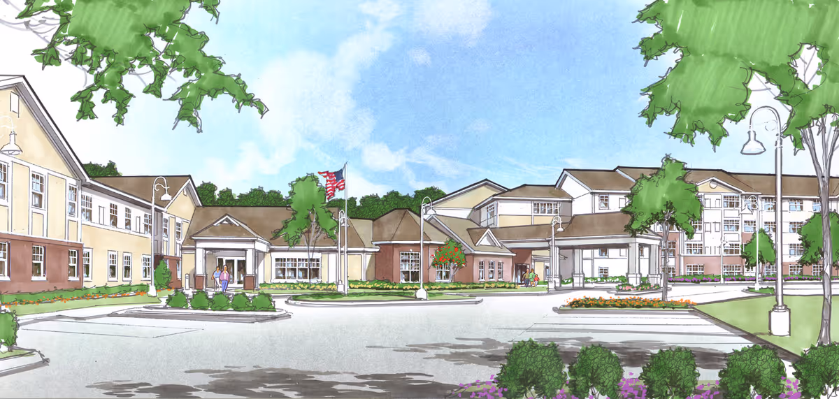 Illustration of the exterior front view of Luther Oaks: Lutheran Life Communities, showing a large building with multiple sections, an American flag on a flagpole, trees, landscaped bushes, and a clear blue sky.