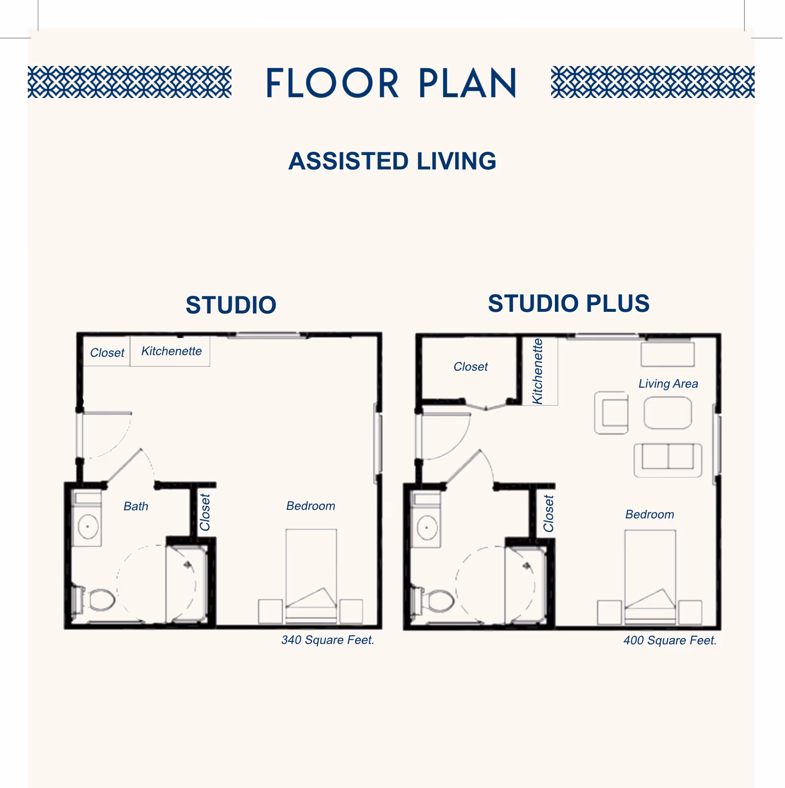 Floor plan for assisted living showing two layouts: Studio with 340 square feet including a bedroom, bath, kitchenette, and closets; Studio Plus with 400 square feet including a bedroom, living area, bath, kitchenette, and closets.