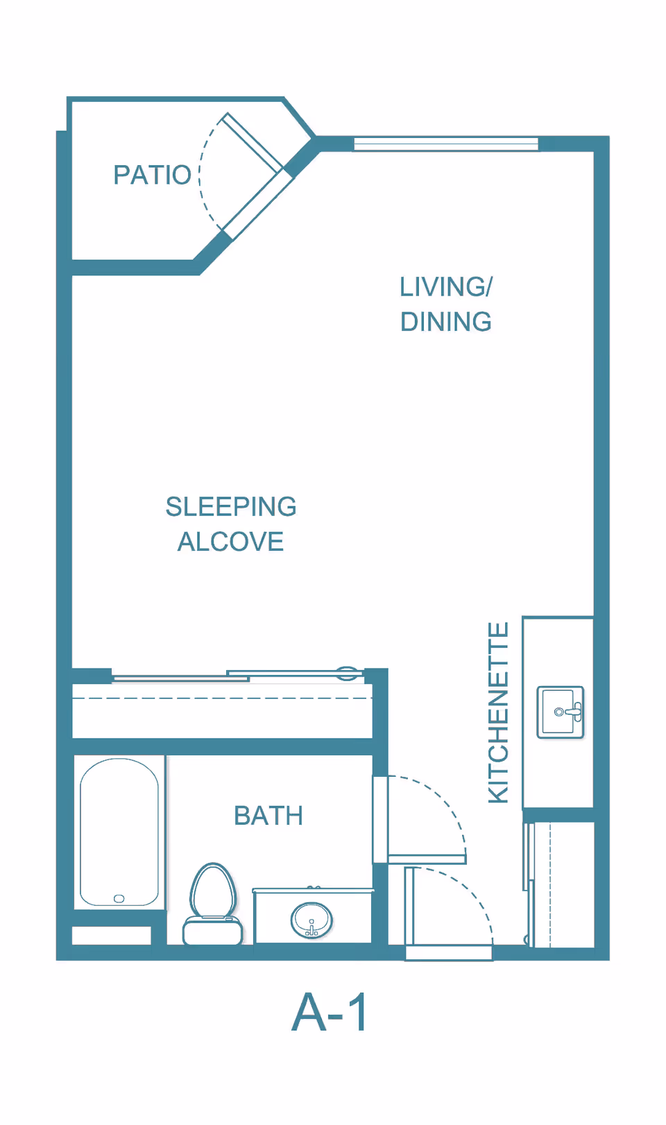 Floor plan labeled A-1 showing a studio layout with a sleeping alcove, living/dining area, kitchenette, bathroom, and a patio.