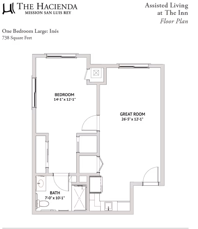 Black-and-white floor plan diagram of a one-bedroom assisted living apartment labeled "One Bedroom Large: Inés, 738 Square Feet."