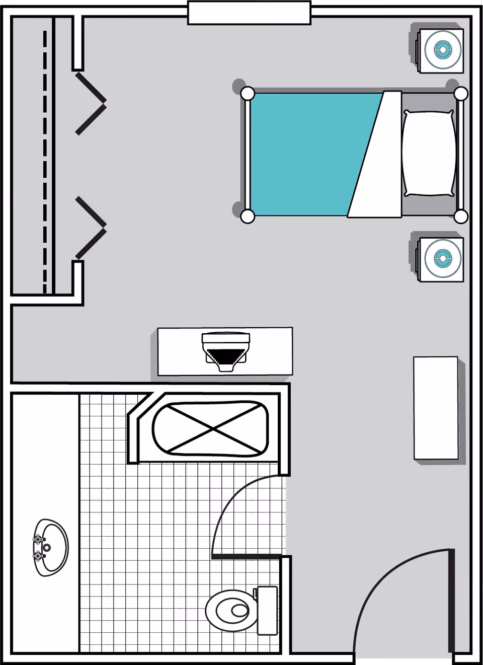 Floor plan of a small living space featuring a bedroom area with a bed, two nightstands, a dresser, and a closet. Adjacent to the bedroom is a bathroom with a sink, toilet, and bathtub.