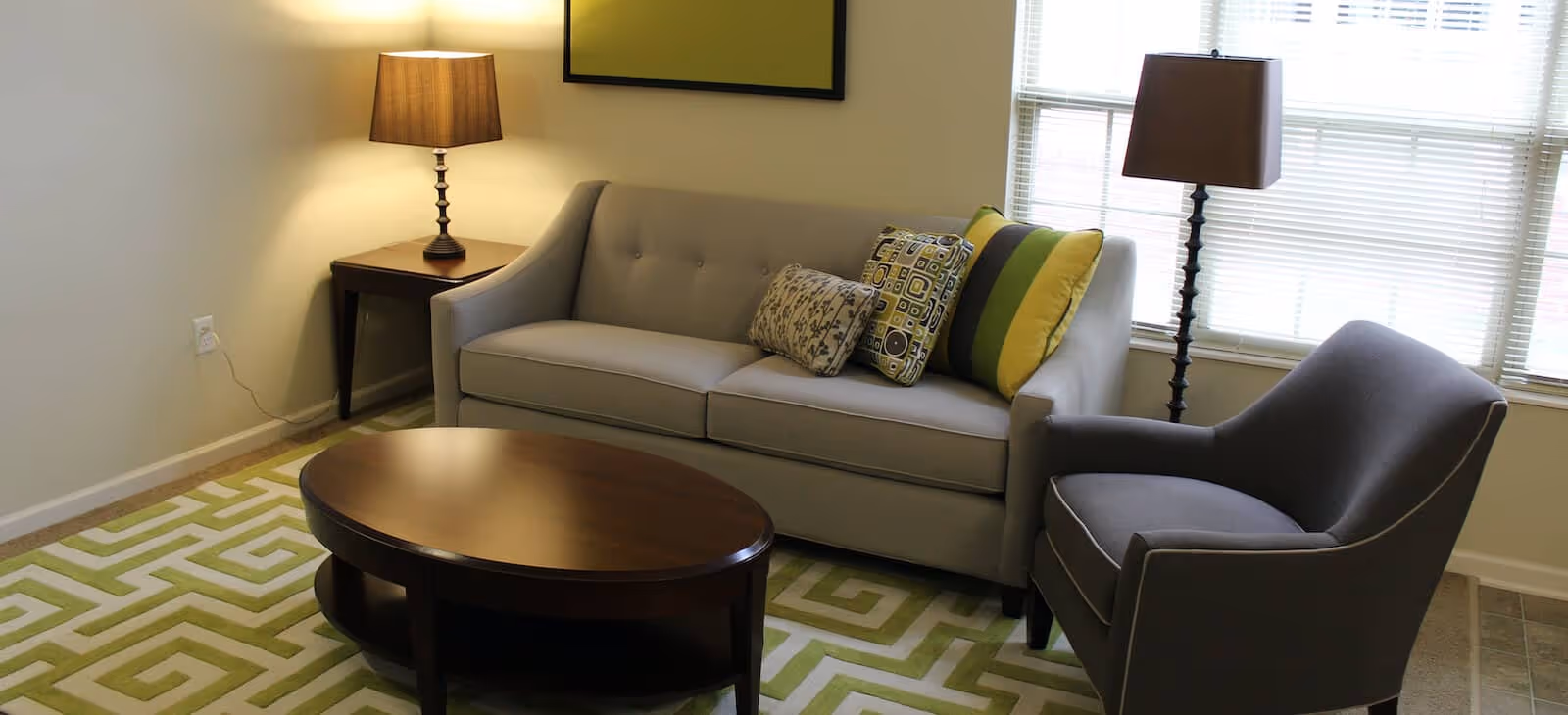 A cozy living room with a gray sofa adorned with three decorative pillows, a dark gray armchair, a wooden oval coffee table, a side table with a lamp, and a floor lamp next to a window with blinds. The room features a green and white geometric patterned rug and light-colored walls.