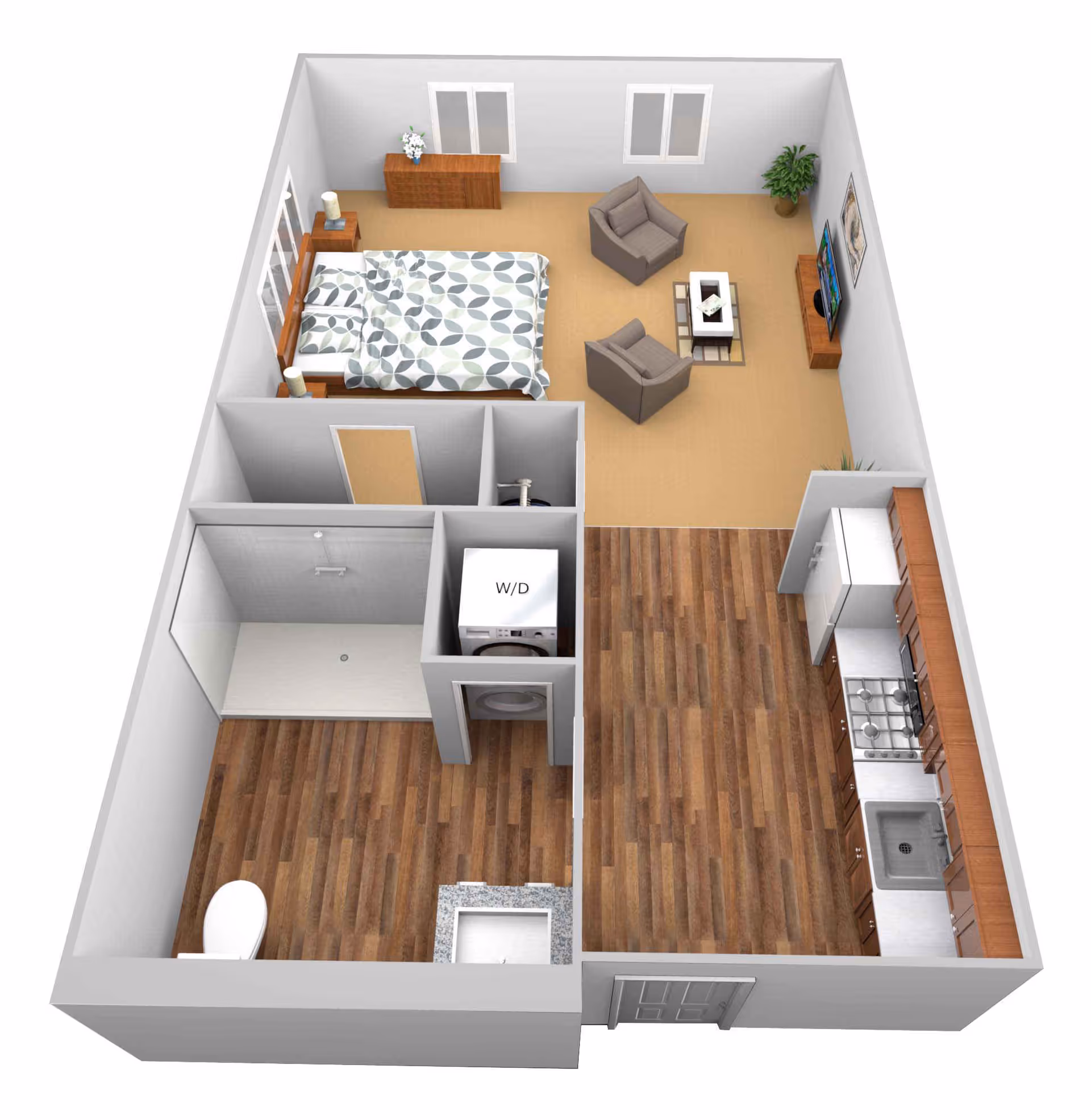 3D floor plan of a one-bedroom apartment featuring a bedroom with a double bed, two nightstands, and a dresser. Adjacent living area includes two armchairs, a coffee table, a TV on a stand, and a potted plant. The kitchen has a refrigerator, stove, sink, and cabinetry along one wall. The bathroom contains a toilet, sink, and a large walk-in shower. A washer and dryer unit is located in a small closet near the bathroom.