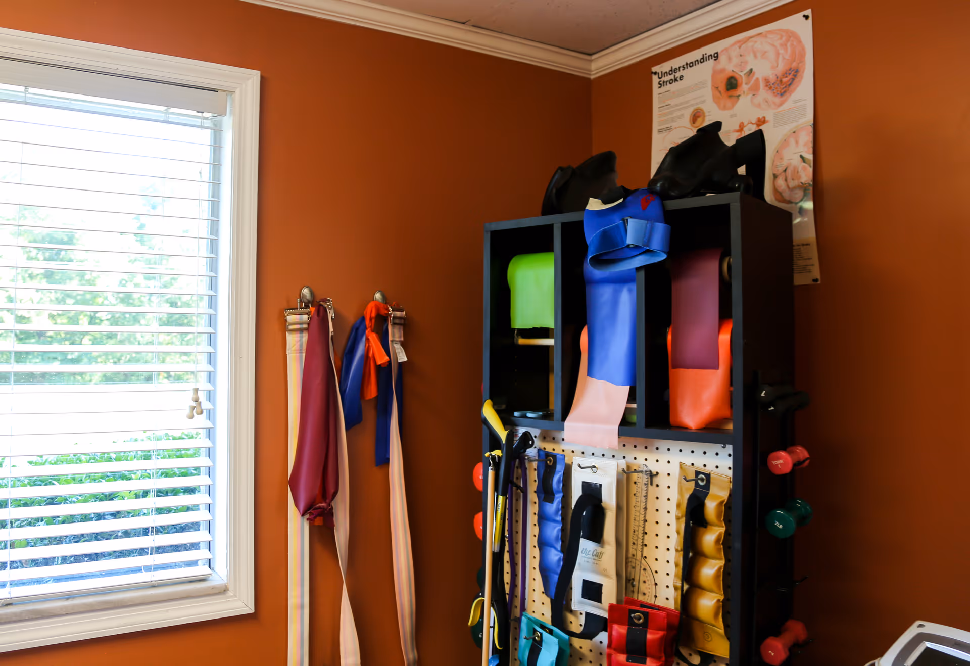 A corner of a room with orange walls featuring a window with white blinds on the left. On the wall, several colorful resistance bands hang from hooks. Next to the bands is a black shelving unit holding more exercise bands, small dumbbells, and other physical therapy equipment. A poster titled 'Understanding Stroke' is partially visible on the wall above the shelving unit.